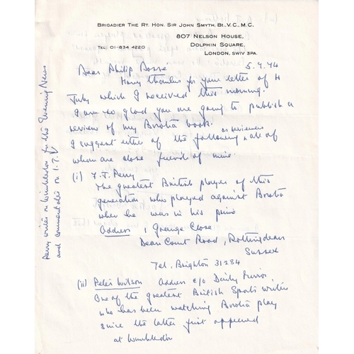 155 - Letter Signed by Sir John 'Jackie' Smyth VC. Awarded Victoria Cross in WW1. 2 Page handwritten Lette... 