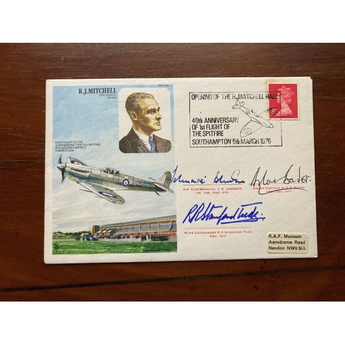 251 - HA1d. R Mitchell Signed by 3 Spitfire Aces, J E Johnson, A Bader and Stanford Tuck. 5 Mar 1976 South... 