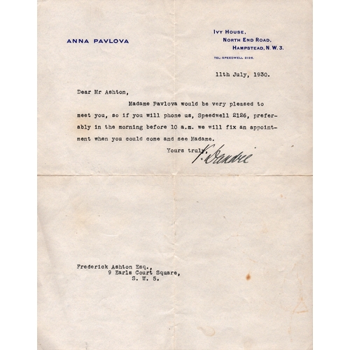 15 - Anna Pavlova typed letter, re Pavlova desiring to meet Frederick Ashton. Signed by her husband Victo... 