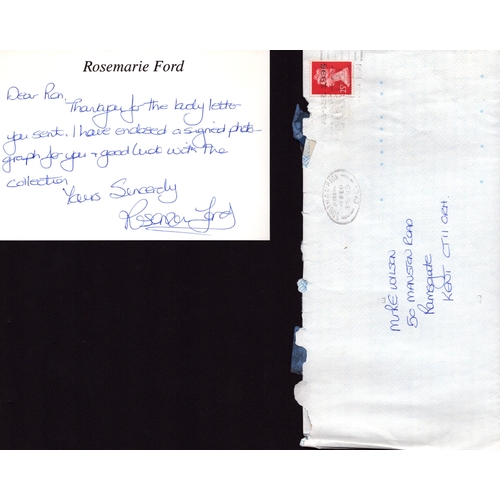 182 - Rosemarie Ford handwritten and signed 6x4 white card, dedicated.