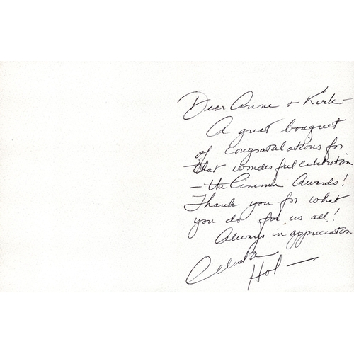 48 - Celeste Holm handwritten dedicated  greetings card, signed within and also on reverse.