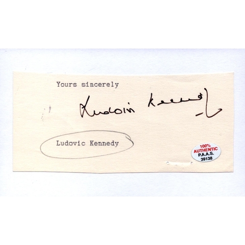 561 - Ludovic Kennedy signed album page affixed to card 6x4inch with accompanying 12x8inch black and white... 