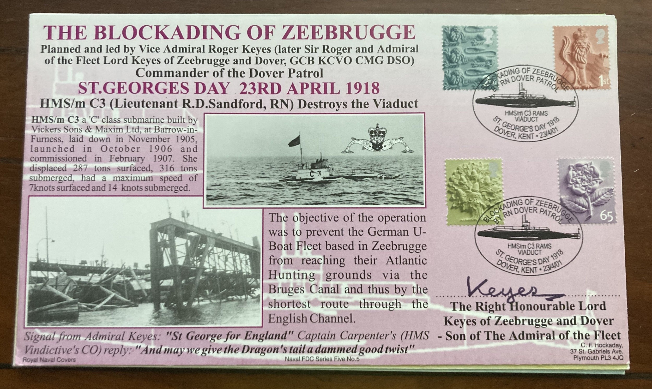 2001 New Definitive official Navy FDC Blocking of Zeebrugge1918 signed ...
