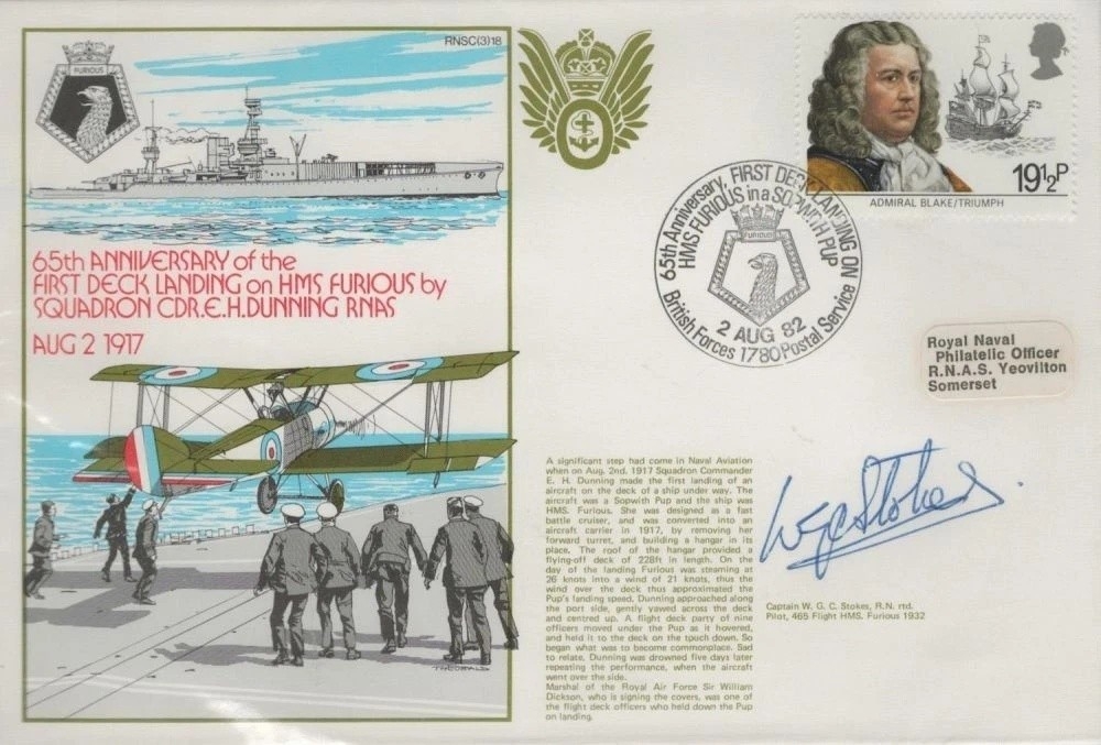 Capt W Stokes pilot HMS Furious 1932 signed Navy cover 1st deck landing ...