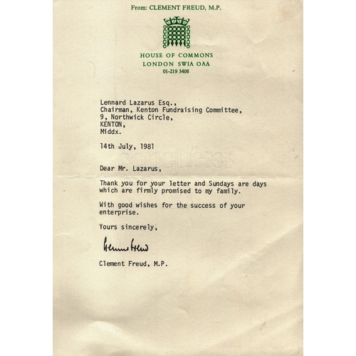 297 - Clement Freud, MP TLS Thank you letter dated 14th July 1981.