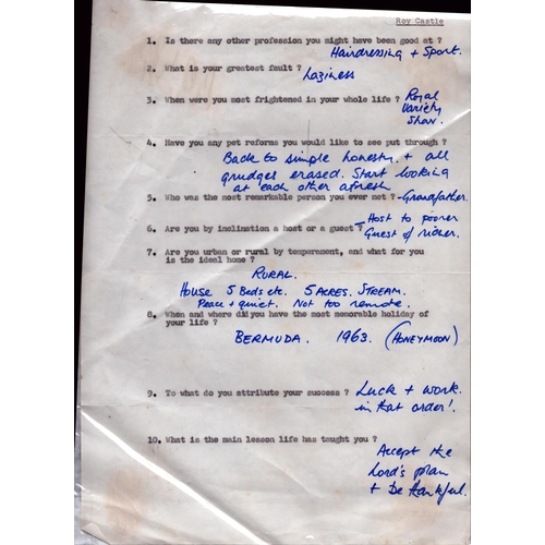 371 - Roy Castle  hand completed, typed A4 questionnaire, some watermarks, unsigned.