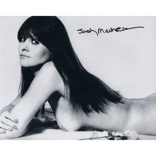 490 - Hammer Horror movie actress Judy Matheson signed sexy topless B&W 8x10 photo.