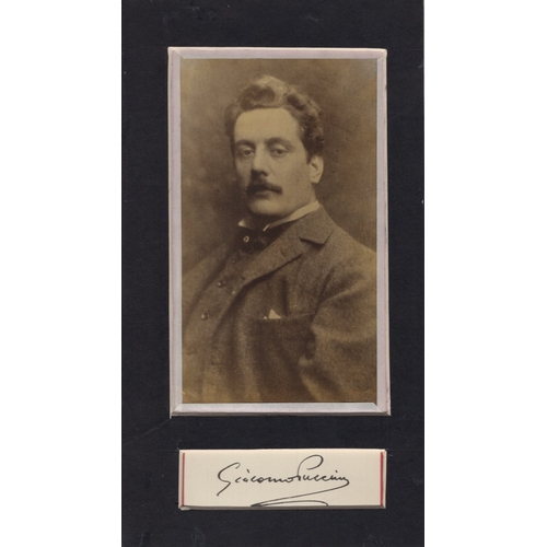 575 - Puccini, Giacomo, Italian Composer. Signature cut from document and mounted with a photo to an overa... 