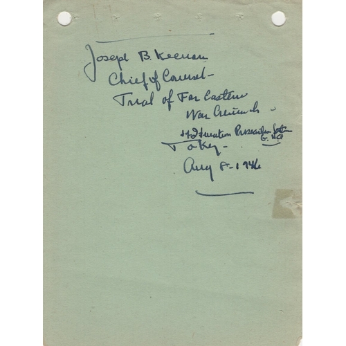 581 - WW2 Tokyo War Crimes chief prosecutor Joseph B Keenan signed approx 6x5 inch autograph album page. J... 