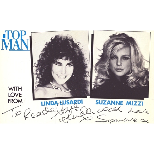 109 - Linda Lusardi & Suzanne Mizzi  signed promo card in black and white 6x4 inch, DEDICATED.