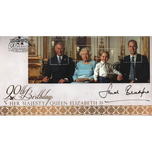 270 - Sarah Bradford signed FDC. 90th Birthday Her Majesty Queen Elizabeth II. Four Stamps plus Triple pos... 