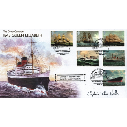 288 - Chris Wells, Captain signed FDC. The Great Cunarder RMS Queen Elizabeth. Six Stamps plus Triple post... 