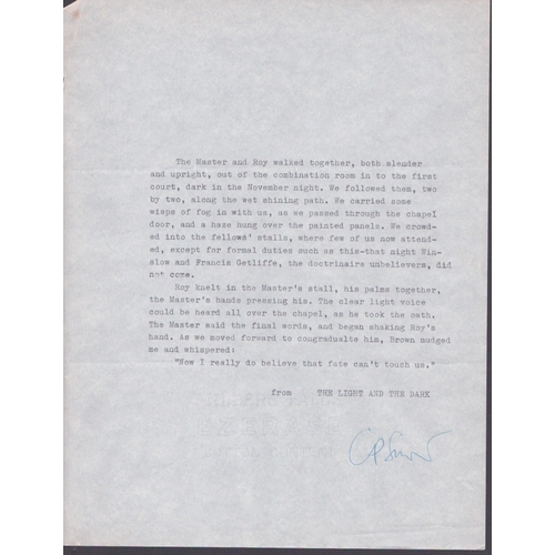 65 - C P Snow signed typed excerpt from Novel The Light and the Darkness from Novel Series Strangers and ... 