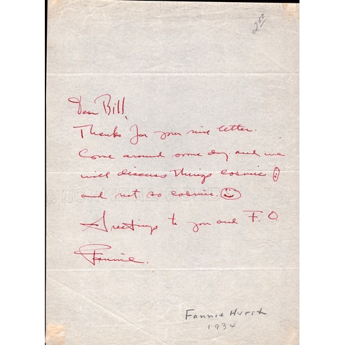 92 - Fannie Hurst American novelist and short story writer, handwritten personal letter addressed to Bill... 