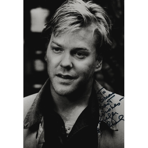 130 - Kiefer Sutherland signed 6x4 inch black & white photo. Dedicated.