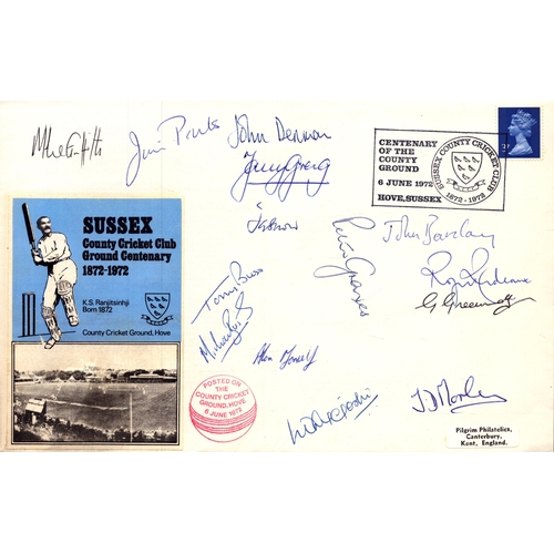 335 - Tony Buss, Peter Graves, Tony Greig and others signed Sussex CCC Ground Centenary 1872-1972, stamped... 