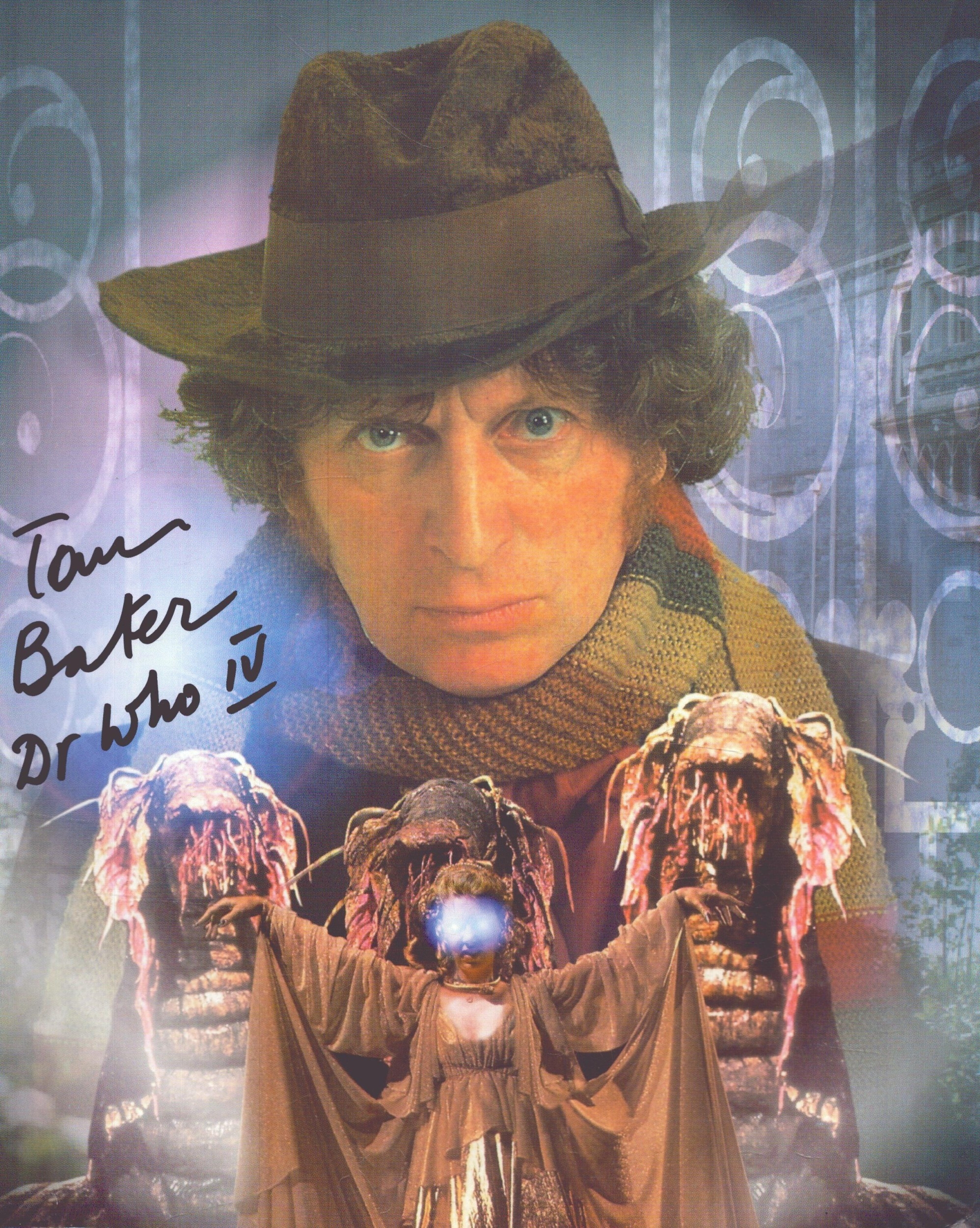 Tom Baker signed 11x8inch coloured photo, from Dr Who.
