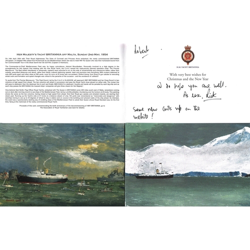 105 - Collection of 5 Rick Cosby oil painting 9x6 gretting cards, H.M. Yacht Britinnia crest inside. Dedic... 