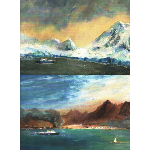 105 - Collection of 5 Rick Cosby oil painting 9x6 gretting cards, H.M. Yacht Britinnia crest inside. Dedic... 