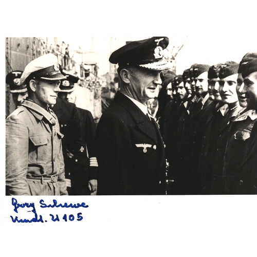 114 - Georg Schewe U105, U60 signed 6x4 black and white photograph with Karl Donitz.