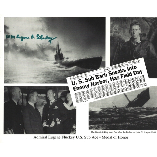 68 - Admiral Gene Fluckey U.S Sub Ace Signed 10x8 Black and White montage photograph.