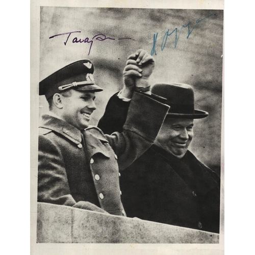 71 - Soviet cosmonaut Yuri Gagarin and Nikita Khrushchev leader of the Soviet Union signed, 5x7 black and... 