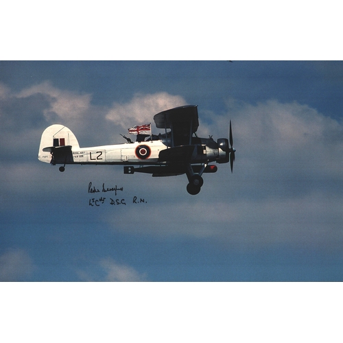 73 - Peter Beresford DSC signed 8x12 colour photograph of a Fairey Swordfish Mk II biplane.