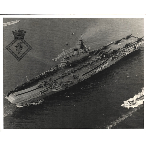 76 - Black and white photograph of British Royal Navy Centaur-class aircraft carrier HMS Hermes, unsigned... 