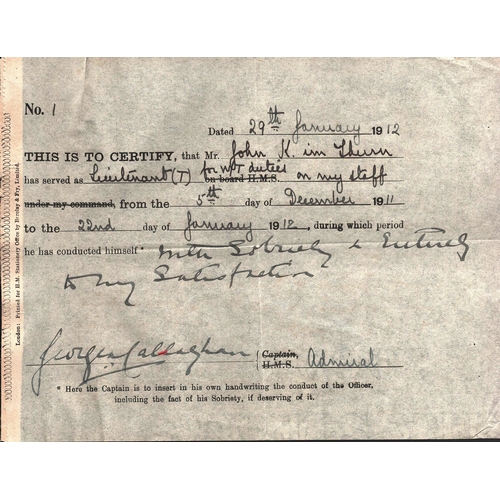81 - Admiral of the Fleet Sir George Astley Callaghan signed 6x9 certificate, dated 29th Jan 1912.