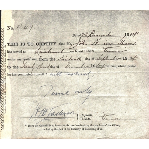 83 - Admiral of the Fleet Sir Henry Bradwarding Jackson signed 6x9 certificate, dated 23rd Dec 1904.