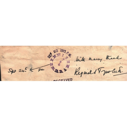 87 - Admiral Sir Reginald Tyrwhitt signed slip of paper, dated 22nd Sept 1915.