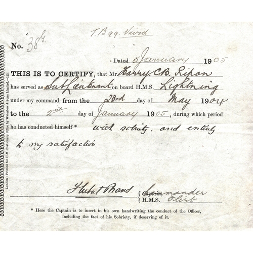 88 - Admiral Sir Hubert G. Brand signed 6x8 certificate, dated 5th Jan 1905.