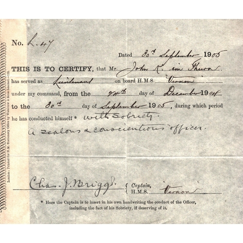 89 - Admiral Sir Charles John Briggs signed 6x8 certificate, dated 30th Sept 1905.