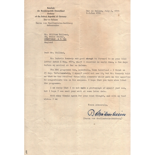 91 - Baron Von Muellenheim-Rachberg signed typed letter, dated 6th July 1971.