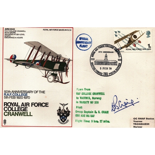 65 - D. B. Craig, OBE, ADC, MA, RAF Pilot: grp cpt signed FDC. 50th Anniversary of The R.A.F. College 5th... 