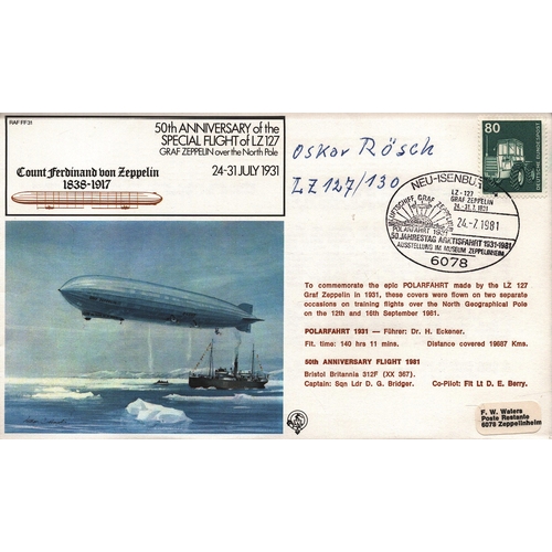 99 - Oskar Rosch signed  FDC. RAF FF31 50th Anniversary of the Special Flight of LZ127 Graf Zeppelin Nort... 