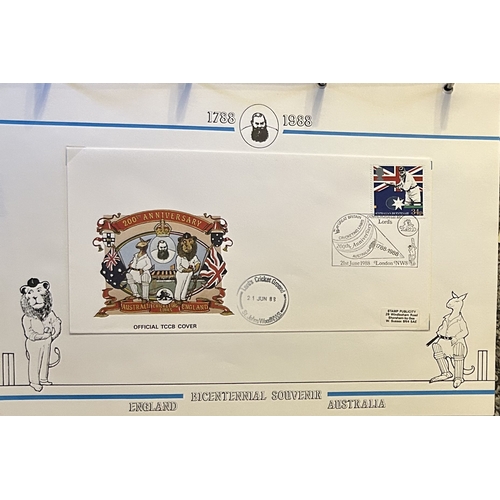 659 - Bicentennial souvenir England v Australia.  Numbered 555 of 700. Contains photos and FDC'S on info s... 