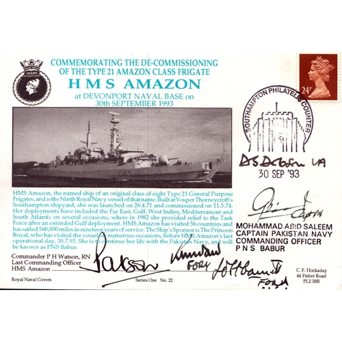 104 - HMS Amazon navy cover signed by Comm PH Watson and 3 others.  Series one no. 22.