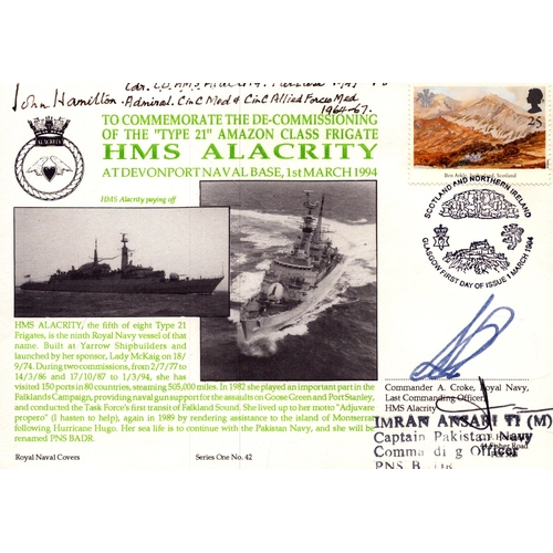 107 - HMS Alacrity navy cover signed by Comm Croke, Hamilton and 1 other. Series one no. 42.