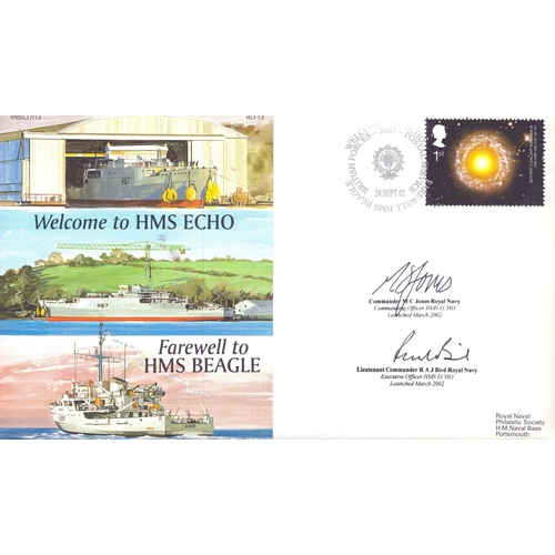 115 - M C Jones and R A J Bird signed Welcome to HMS Echo, Farewell to HMS Beagle stamped Sep 2002.