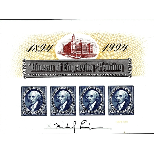 105 - Michael Ensign signed Bureau of Engraving and printing stamp info sheet. Good condition Est.