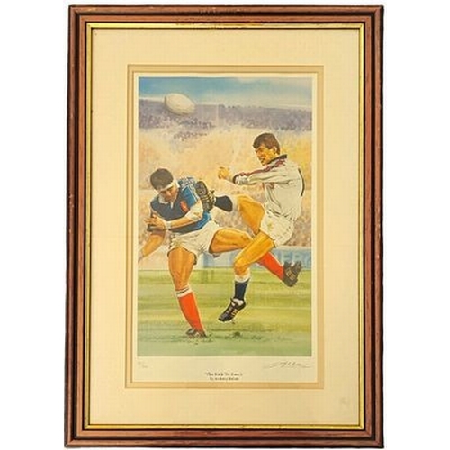 76 - Rob Andrew limited edition Rugby watercolour print titled The kick to touch. Numbered 75/500. Signed... 