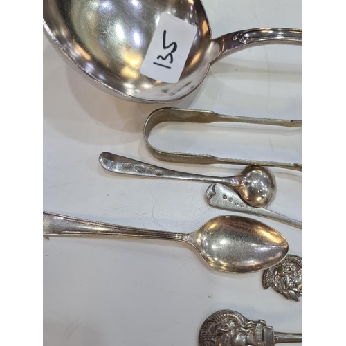 135 - A small selection of silver flatware to include Georgian mustard spoons. Also with plate, and a larg... 