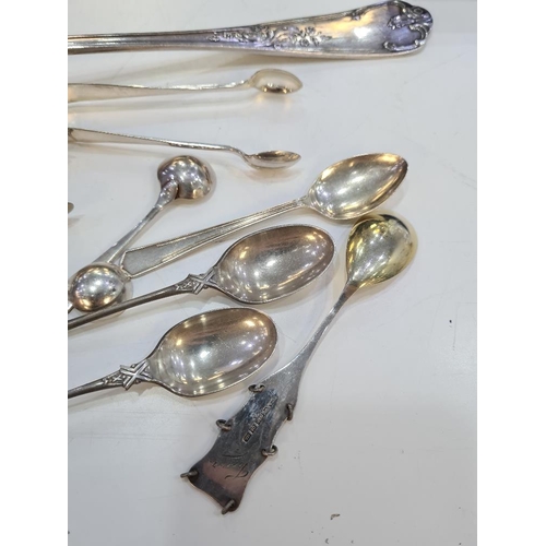 135 - A small selection of silver flatware to include Georgian mustard spoons. Also with plate, and a larg... 