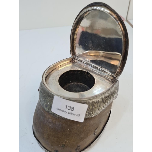 138 - A white metal inkwell from a horse's hoof. Engraved hinged lid. Condition report: Some wear, cannot ... 