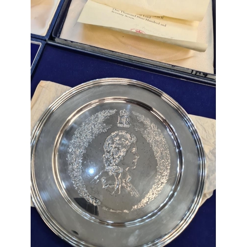 20 - A silver Queen Elizabeth II and Print Phillip plate, limited edition by William Comyns and Sons Ltd.... 