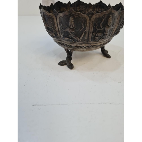 30 - A white metal bowl on three feet of twisted snakes. The body embossed of figures in relief. 3.21ozt ... 