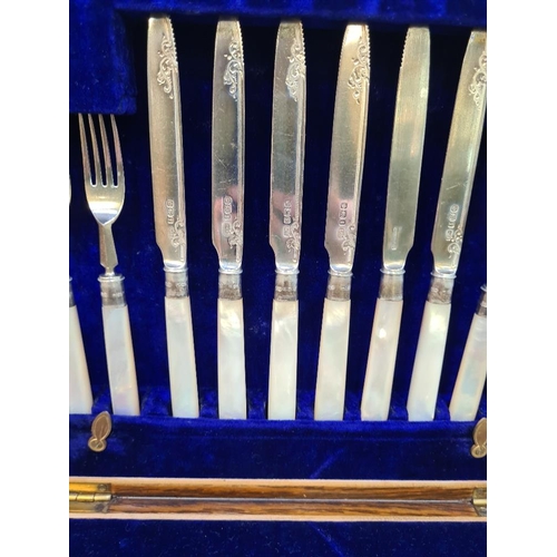 37 - A superb cased silver and Mother of Pearl cutlery set. Ornate details on the blade, hallmarked Sheff... 