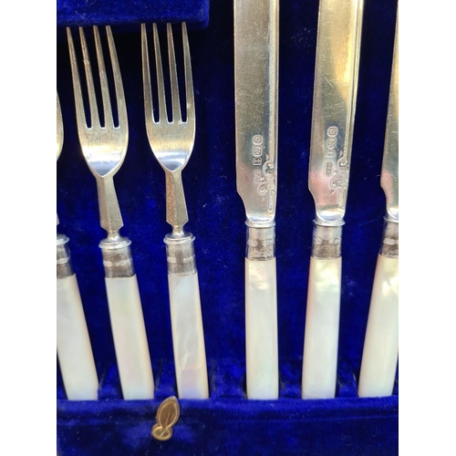 37 - A superb cased silver and Mother of Pearl cutlery set. Ornate details on the blade, hallmarked Sheff... 