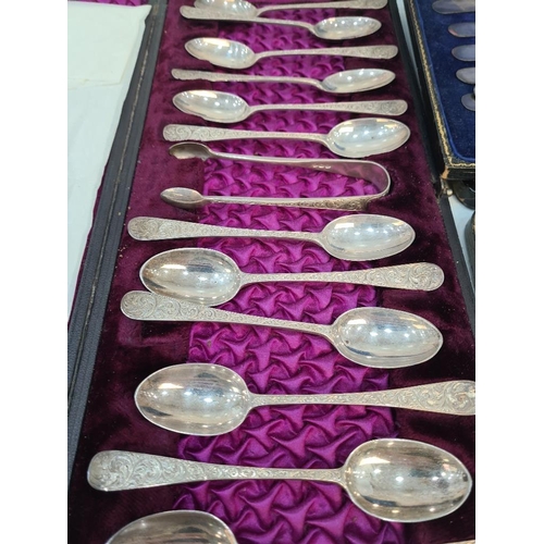 91 - Silver handled knives, silver cake forks and a set of decorative silver teaspoons and tongs having e... 